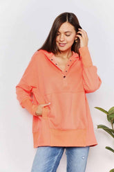 Double Take Quarter-Snap Dropped Shoulder Hoodie Tangerine OutfitFlow